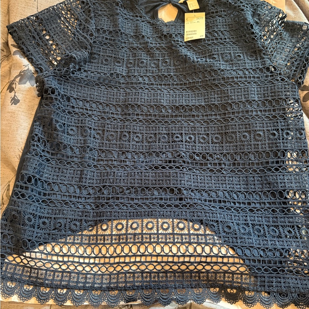 H&M Navy Crochet Lace Short Sleeve Blouse